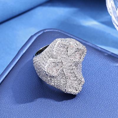 Hip Hop Style Iced Out Diamond Cuban Men's Ring Sparkling 18k Gold-Plated and T-shaped Diamond Cross Ring Holiday Gift