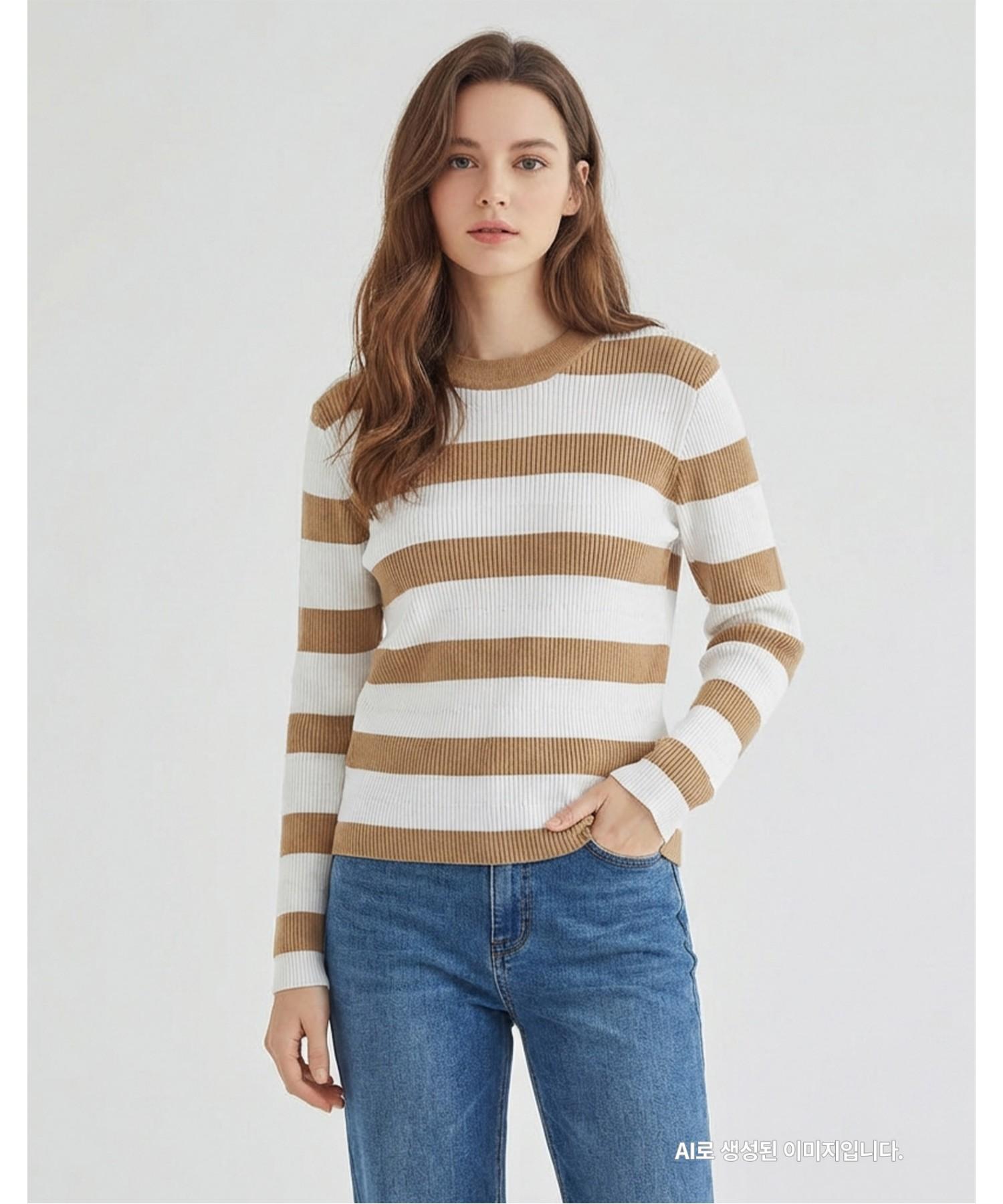 Misens Two-Tone Striped Pattern Slim Knit_Mb32Knmd03Z Beige(Be)/F(Free)
