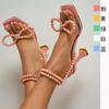 Fashion Ladies Pink Blue Pearl Bow Sandals Wine Glass Heel Shaped Heel Square Toe Large Size 37-42 Pearl Ankle Strap Sandals Footwear