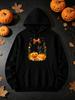 Unisex Hoodie, Halloween, Black Cat And Pumpkin Floral Design, Pullover Sweatshirt, Casual Streetwear, Autumn Winter Outdoor Wear, Drawstring Hood And