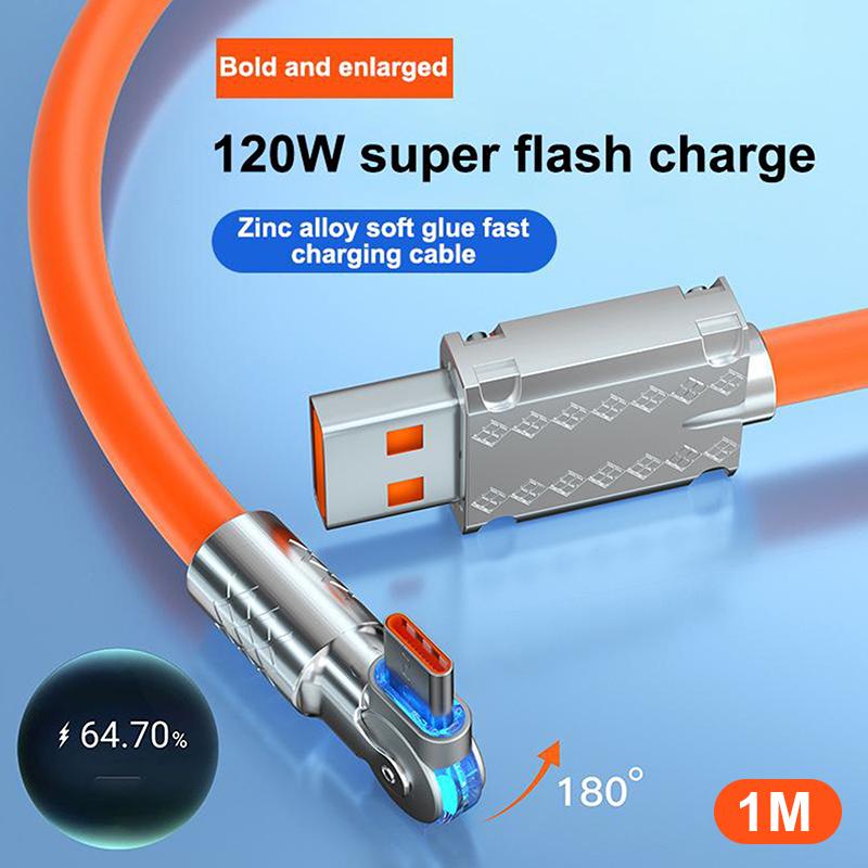 6A Type C USB Cable 120W Fast Charging 180 Degree Elbow for Phone 1m 1.5m 2m Poco Game Use