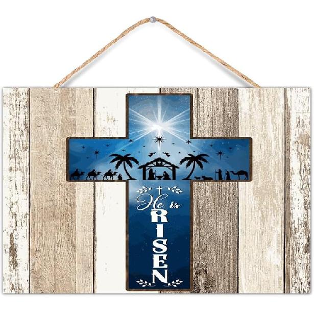 Farmhouse Wood Sign Plaque He Is Risen Wall Art Motto Decor for House Christian Jesus Wooden Sign Decorative Wall Decor Sign for Bathroom 12x8in 12x8in