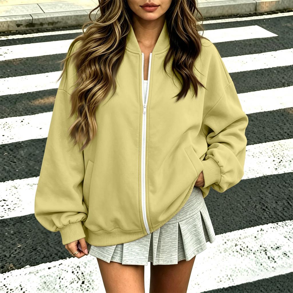 Women's Fashion Zip-Up Jacket with V-Neck Long Sleeve Loose Fit Color