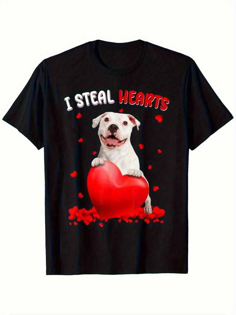 I Steal Hearts Pitbull Dog Valentine Day Graphic Tee Men Casual Short Sleeve Cotton T-Shirt