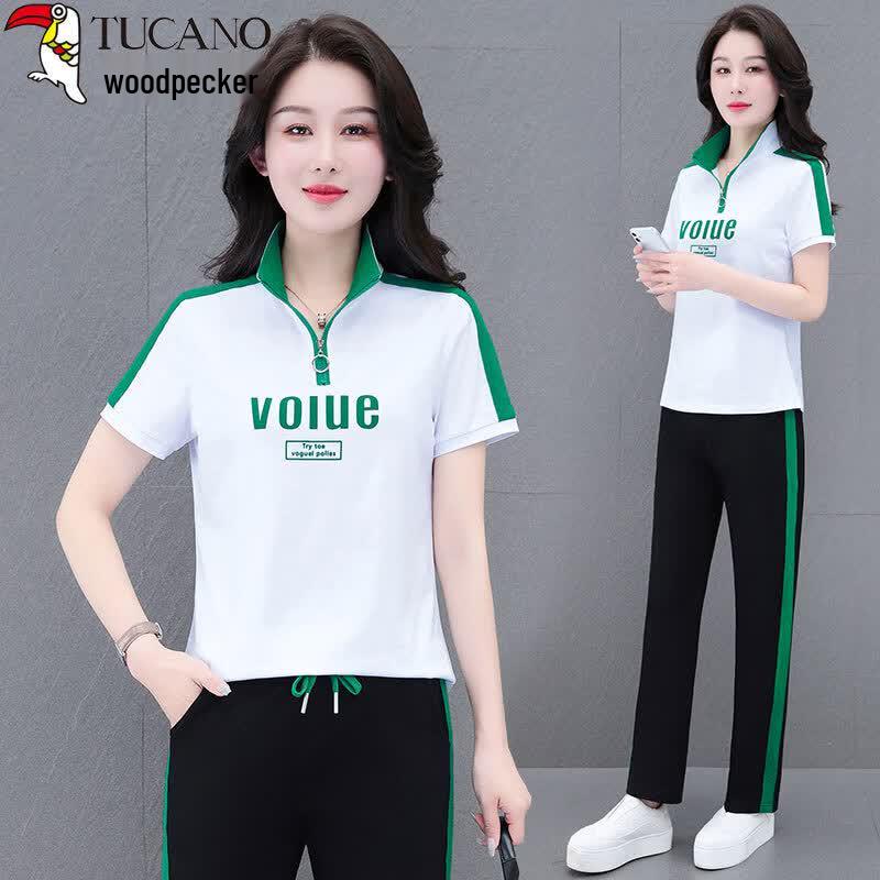 Woodpecker Women's Pure Cotton Summer Sportswear Set with Wide-Leg Pants