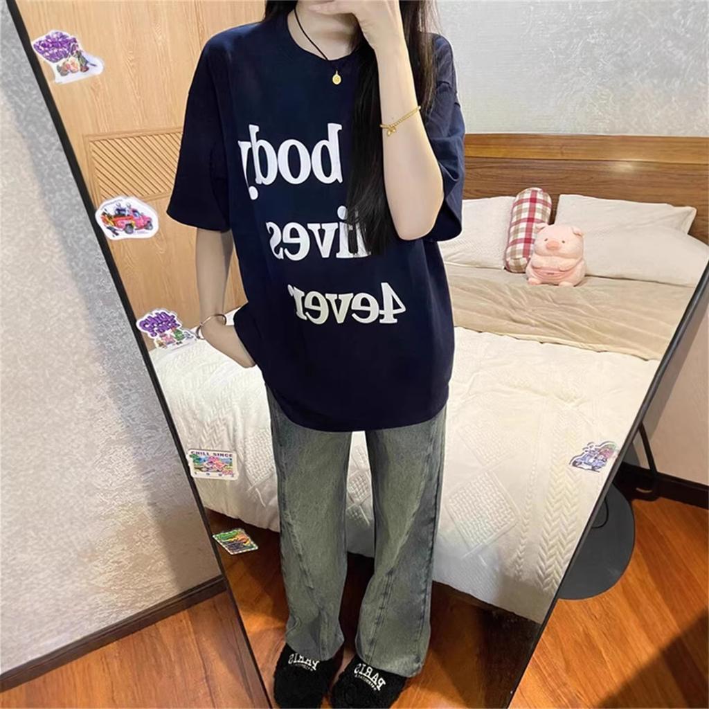 American Pure Cotton Guochao Brand Letter Printing Short-sleeved T-shirt Women's Summer New Loose Fat Mm Large Size Half-sleeved Top