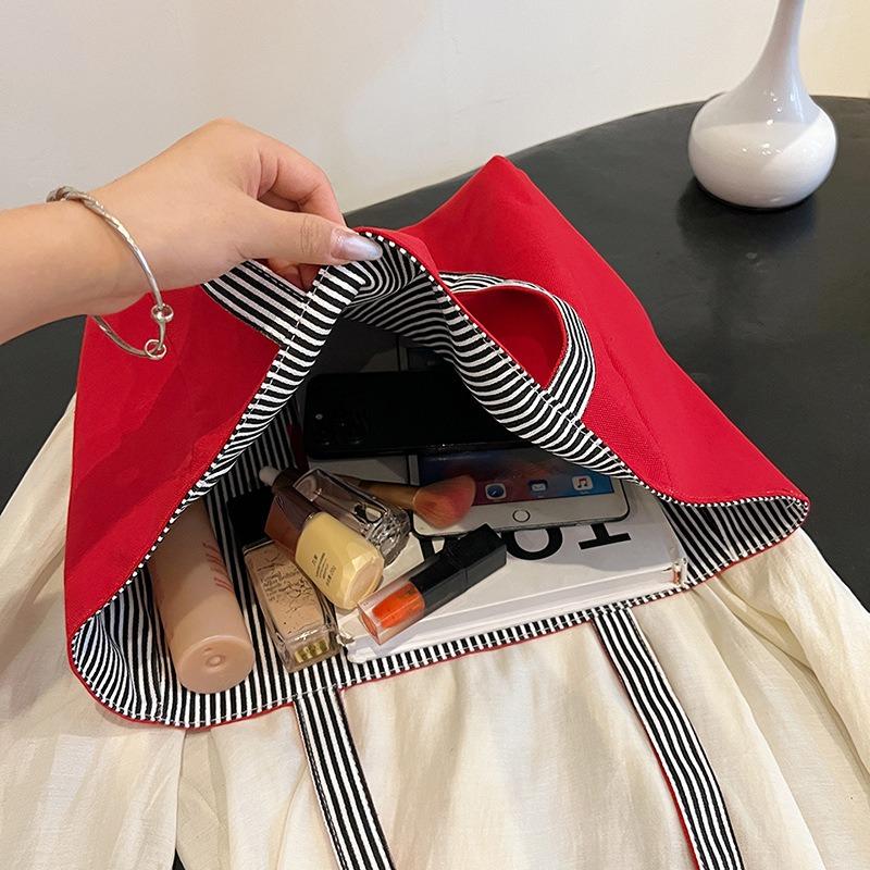 2025 New Colorful Reversible Canvas Tote Bag Striped Shoulder Bag