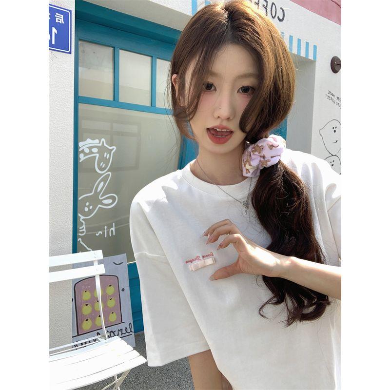 Kumikumi Sweet Cartoon Print Short sleeve T-shirt Women Summer Niche Casual Loose Pink round Neck Top