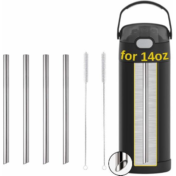 4PCS Metal Straw for THERMOS FUNTAINER Kids 14OZ, Reble Stainless Steel Replacement Straws with 2PCS Cleaning Brushes Compatible with THERMOS