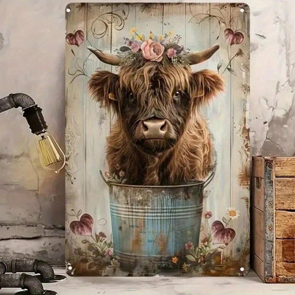 Vintage Highland Cow Floral Metal Sign Rustic Wall Art For Home Garden Outdoor Decor
