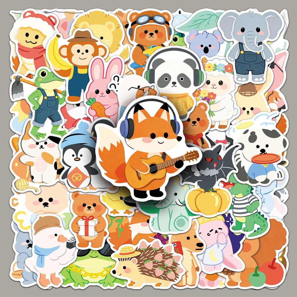 Original Graffiti Cute Animal Stickers - 50 Sheets of Childlike, Hand-Painted Cartoon Pets for Journals