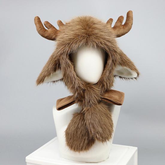 Winter Hat with Ear Flap Scarf Cartoon Deer Design Thickened Plush Ear Protection Hat Skiing Camping Travel Headwear