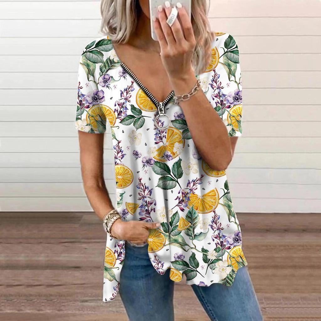 Top de damă Vară Nouă Modă Galben Lămâie Imprimat Casual Fermoar Gât în V Mânecă Scurtă