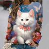 Flowers Cat  Long Sleeves Women Colorful Animal 3D Clothing  Tops O-Neck Cotton Clothes T-Shirt
