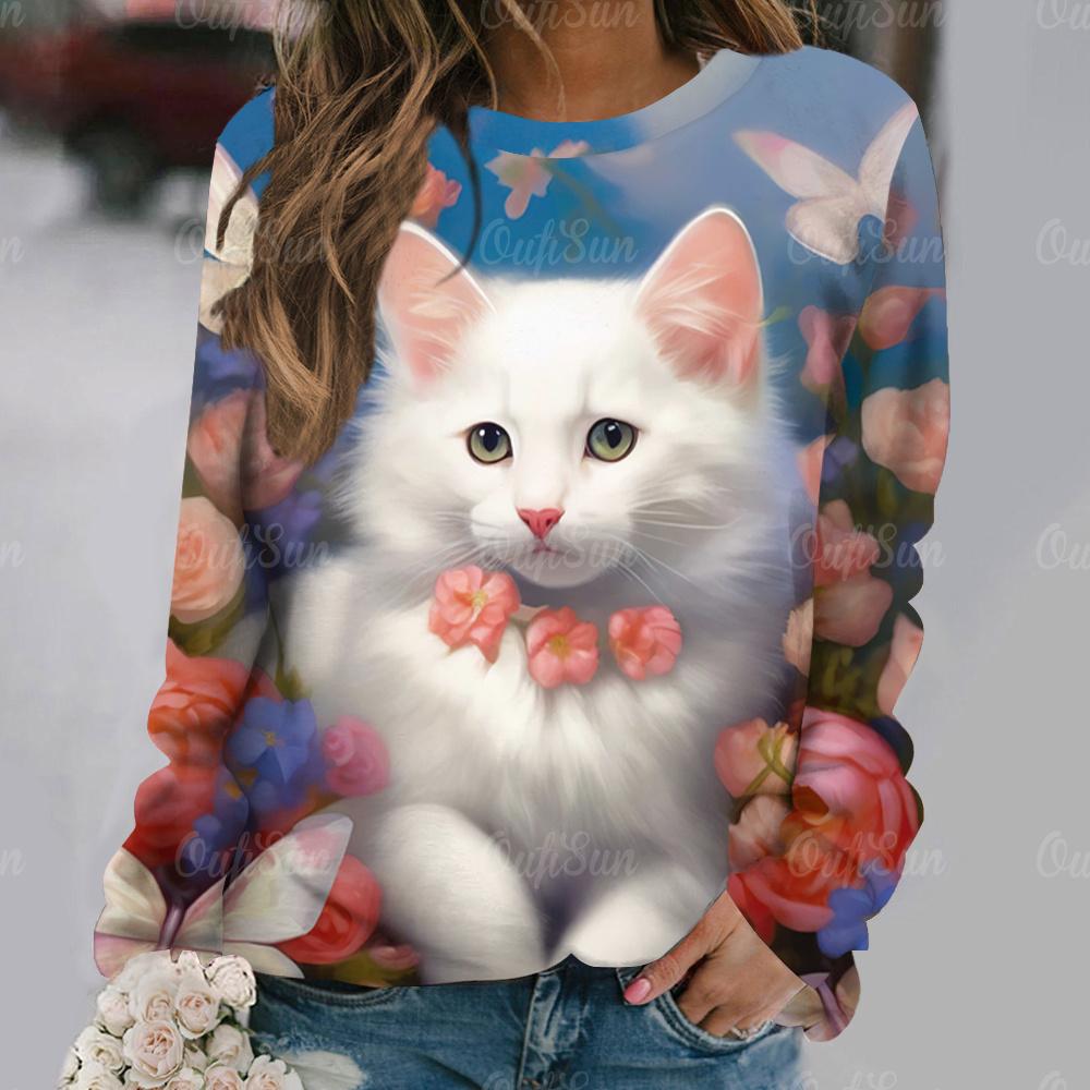 Flowers Cat  Long Sleeves Women Colorful Animal 3D Clothing  Tops O-Neck Cotton Clothes T-Shirt
