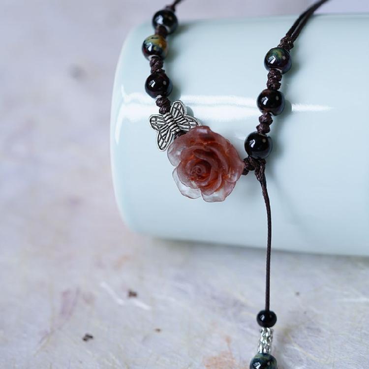 Retro Style Chinese Butterfly Clavicle Chain Adjustable Beaded Collar Chain Fashion Camellia Flower Ceramic Necklace