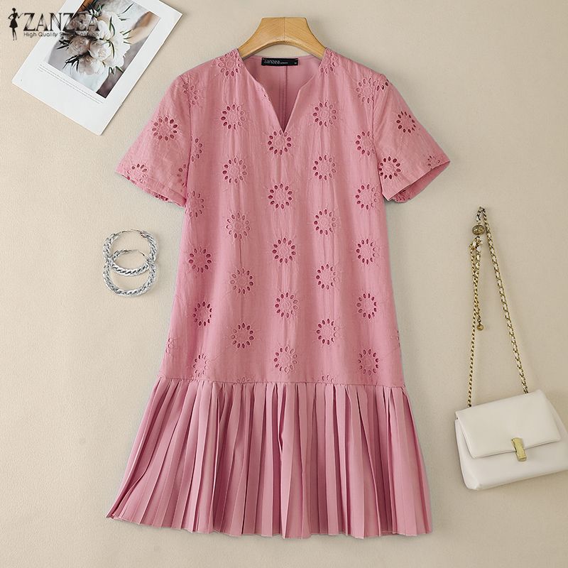 ZANZEA Women Casual V-Neck Short Sleeve Elegant Lace Patchwork Dress