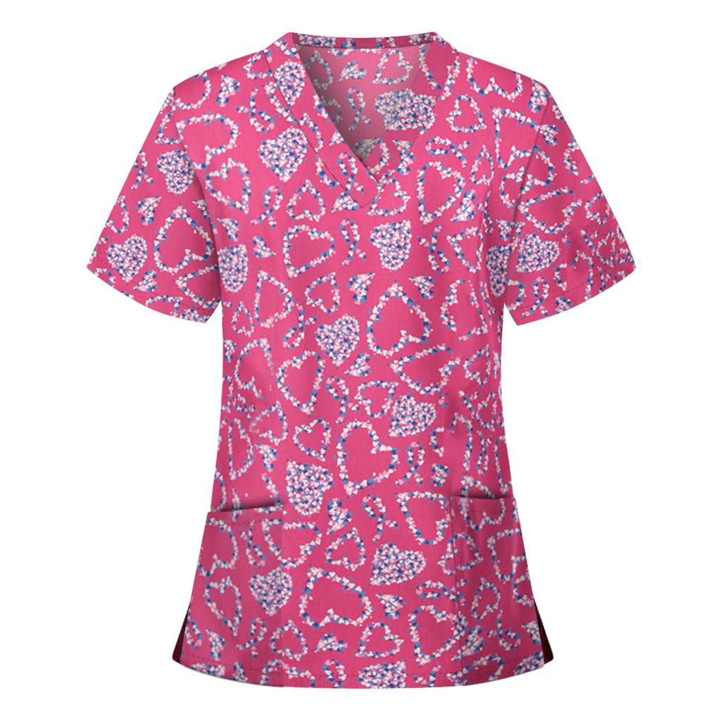Uniforms Women Medical Elegant Heart Print Obstetrics Medico Top Fashion V-Neck Short Sleeve with Pocket Clinical Uniforms Woman