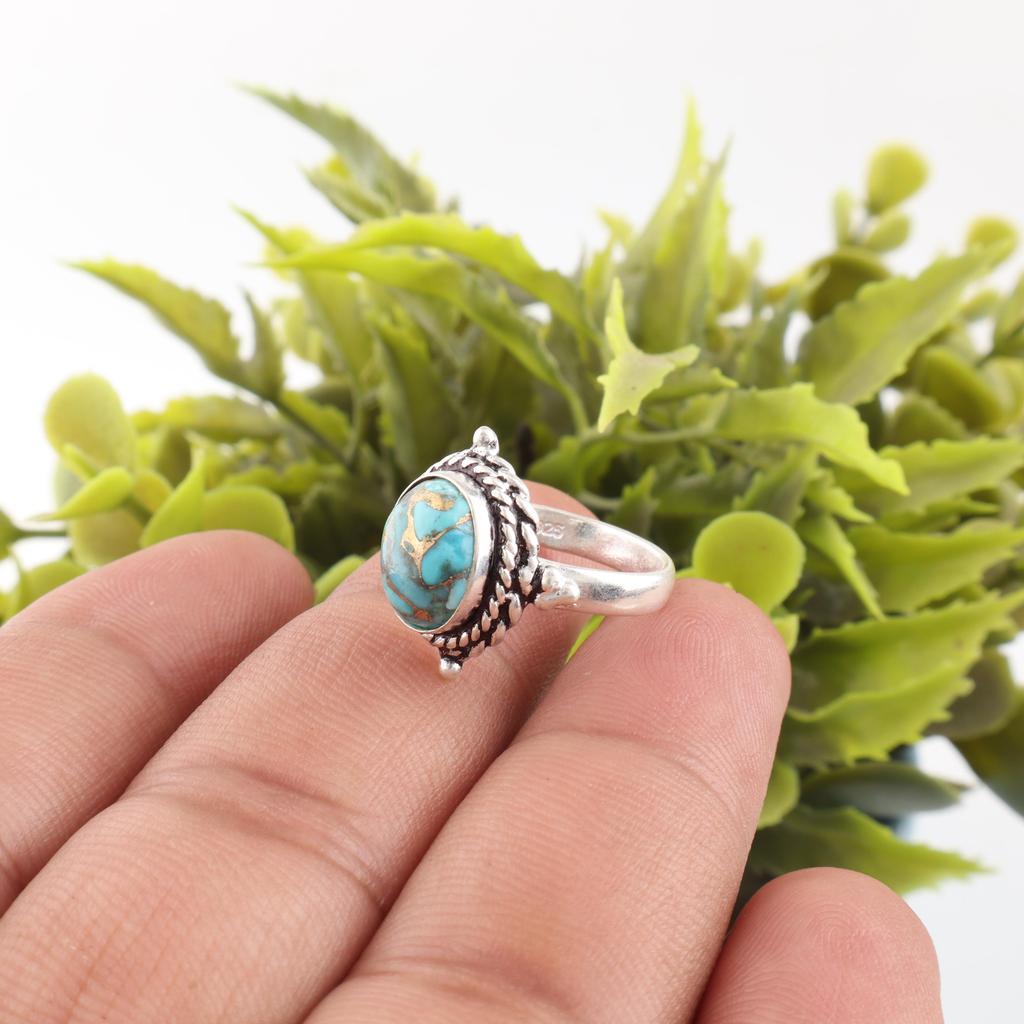 Blue Copper Turquoise Ring Handmade Gemstone Ring, 925 Solid Sterling Silver Ring Dainty Silver Jewelry, For Engagement Gift