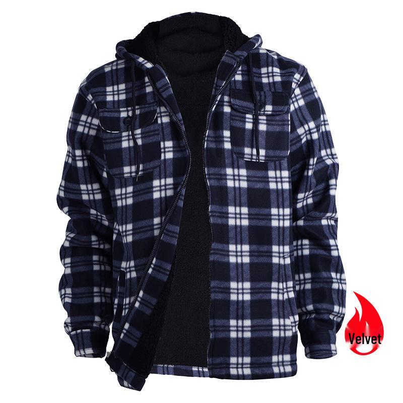 

Men s European Size Winter Fleece-Lined Striped Plaid Hoodie Jacket L