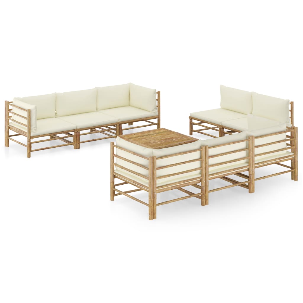 9 Piece Garden Lounge Set with Cream Colored Cushions Bamboo