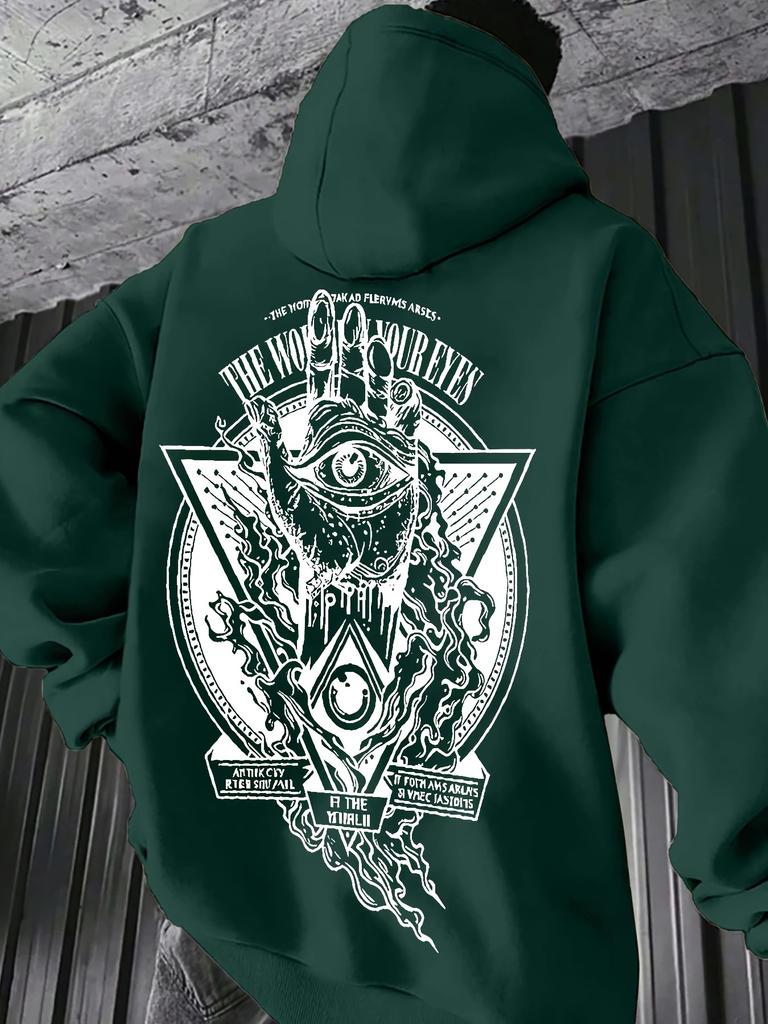 Men's Autumn/Winter Fleece-Lined Hoodie – Quirky "Eye-in-Hand" Print – Versatile, Loose-Fit Casual Athletic Hoodie