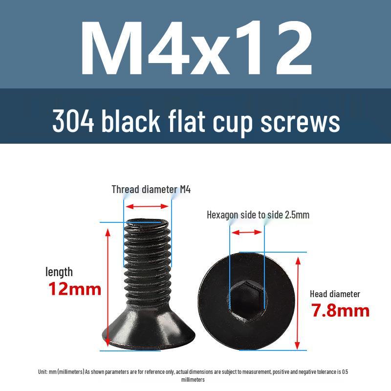 Yigu Black 304 Stainless Steel Extended Flat Head Hex Socket Screws (M2, M3, M4)