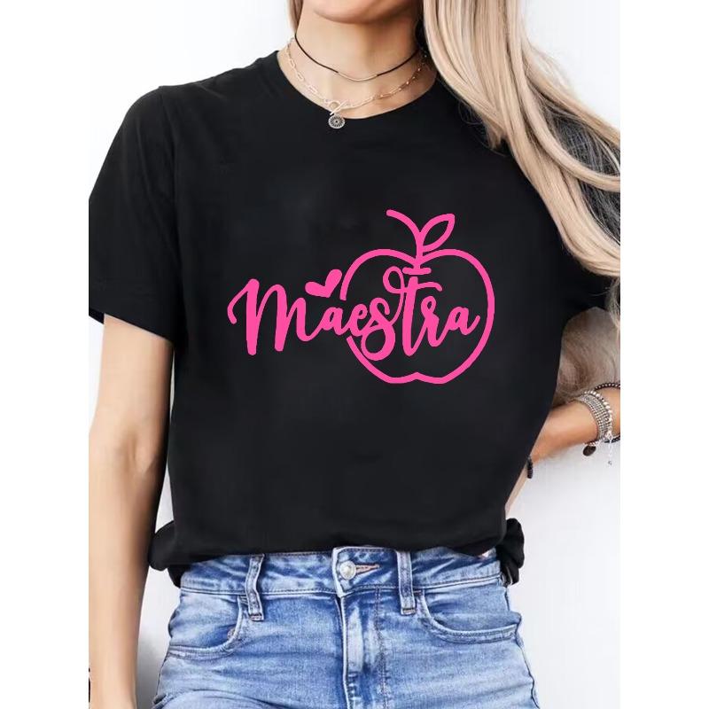 

Spanish Letter Print Spring/Summer Casual Round Neck Short Sleeve Sports T-Shirt Women s Top 4XL
