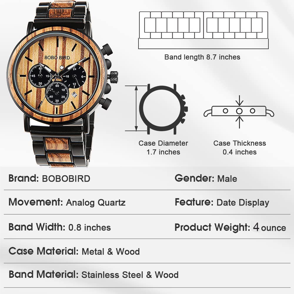 BOBO Bird Wooden Stylish Wood Stainless Steel Chronograph Military Quartz Casual Watch with Black Wood Band Men's Watch, &