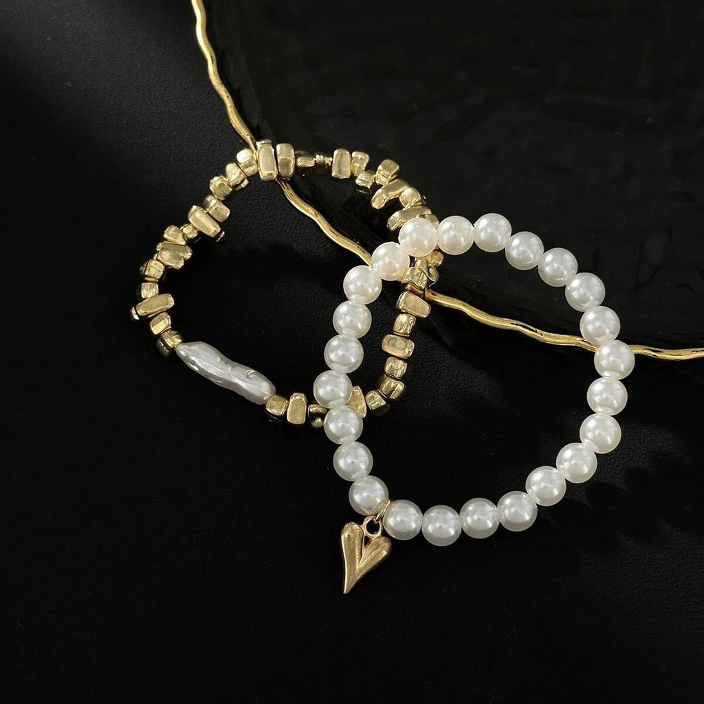 Salircon 2Pcs/Set Exquisite Imitation Pearl Chain Heart Pendant Bracelet Women Vintage Elastic Rope Chain Bangle Jewelry Gift