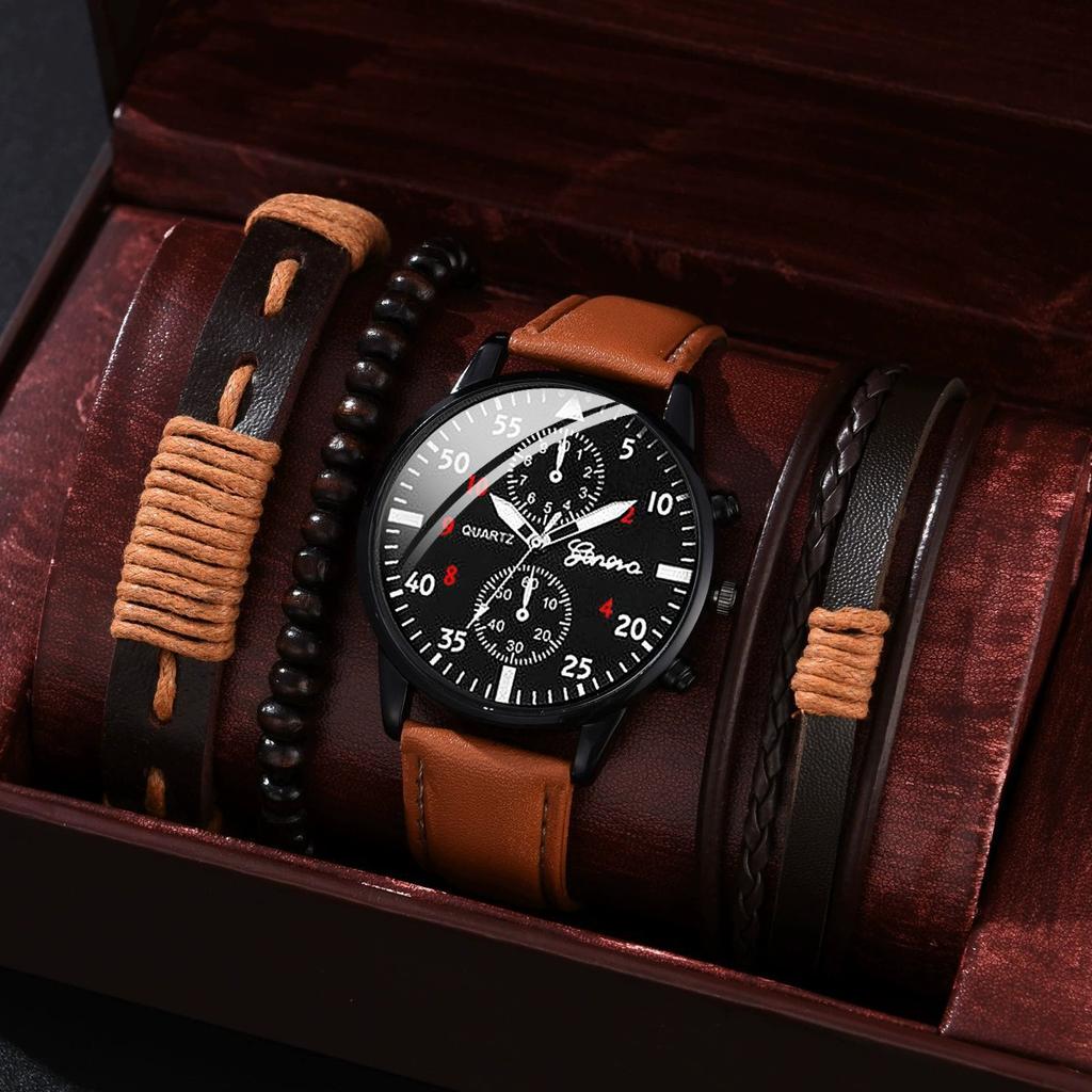 4pcs Men Watches Bracelet Set Luxury Fashion Design Man's Quartz Wristwatch Best Male Gift Clock