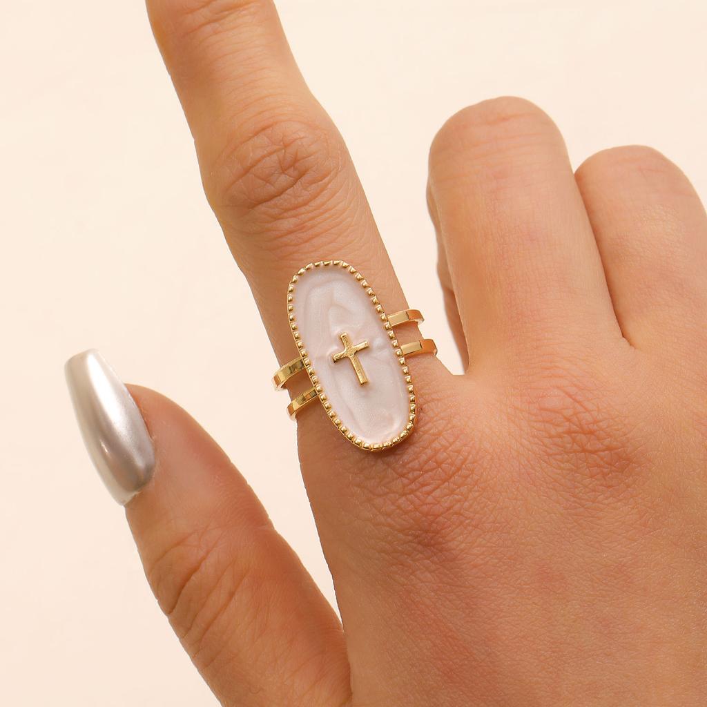 White Enamel Open Ring Women Geometric Oval Cross Star Moon Heart Adjustable Gold color Ring Exquisite Fashion Hand Jewelry Gift