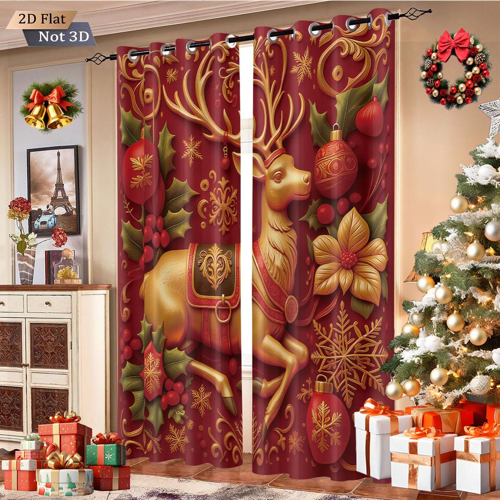 2pcs Christmas reindeer red print blackout curtains insulation multiple sizes living room holiday decoration machine washable