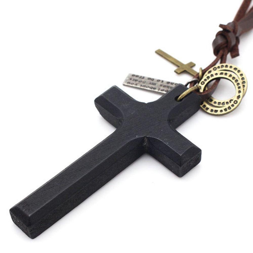 Metal Tags Wood Cross Necklace Religious Crucifix Pendant Chain Handmade Cross Necklace  Women