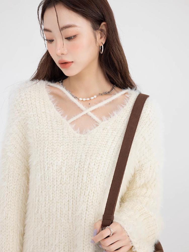 Zimowy sweter z dekoltem w serek dla kobiet Delikatne paski Luźny Słodki Leniwy Styl Pulower Dzianina Irregularny Japoński Styl Moda Dzianinowy Top