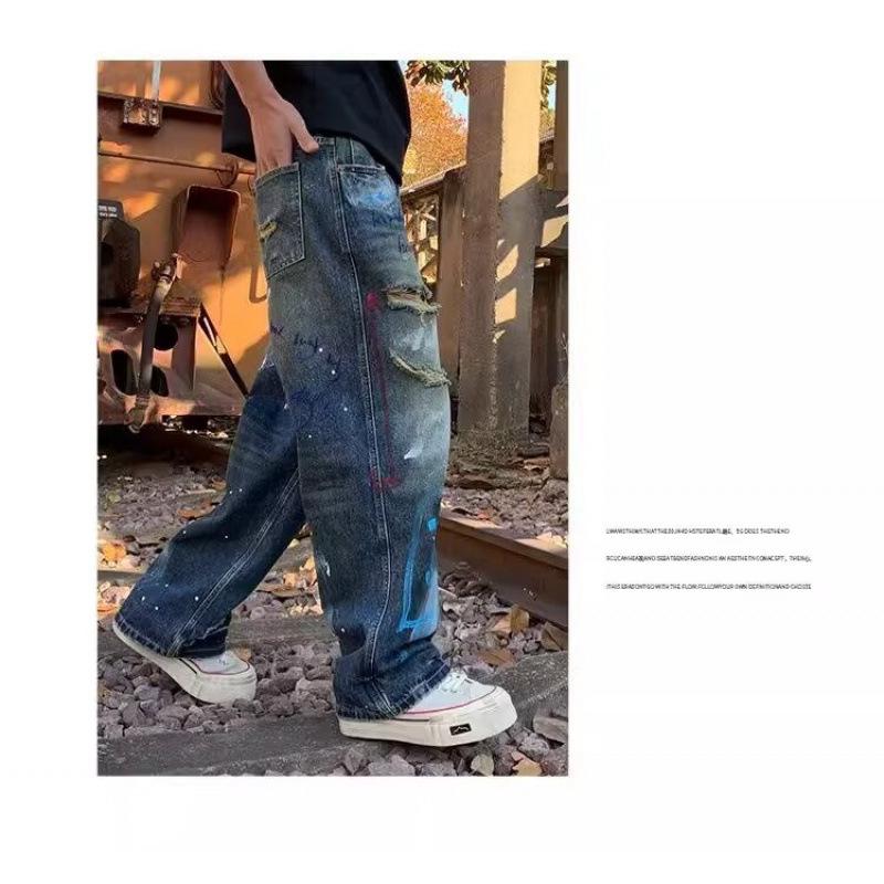 JYL Men s Wide-Leg Jeans Niche Vibe Wasteland Graffiti Ripped Denim 2XL