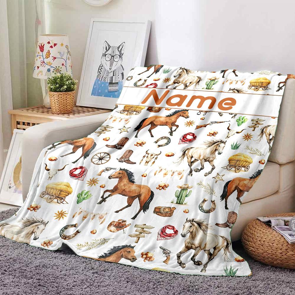 Western Horse And Cowboy Theme Pattern Cozy Customizable Blanket Customize Text Comfortable Suitable For Sofa Couch Office Bed Picnics For All