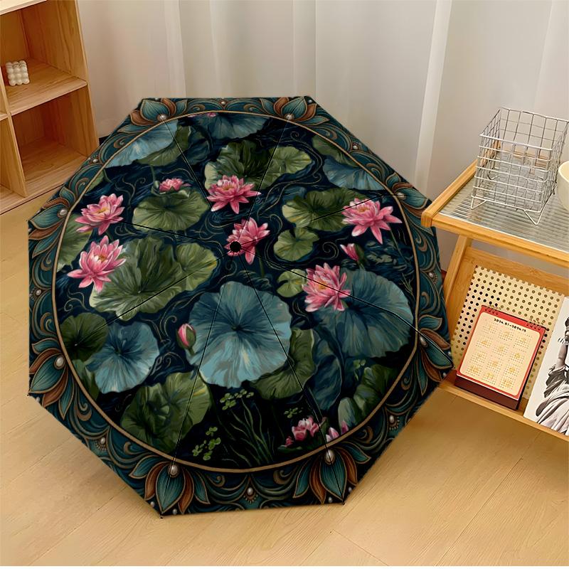

Circular Blue Lotus Art Printed umbrella windproof folding umbrella portable sun and rain umbrella suitable for gifting