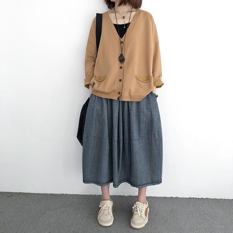 Johnature Spring Women Cardigan Swetry Solid Color Loose V-Neck Long Sleeve All Match Pockets Coats