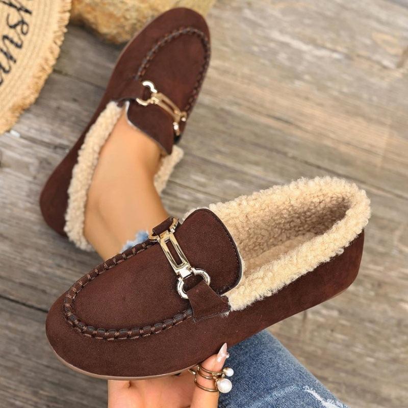 Baumwollschuhe Damen Herbst und Winter flachsohlige Samt warme Oberbekleidung weichsohlige flachsohlige Mützen-Schuhe flauschige kleine Lederschuhe rundto