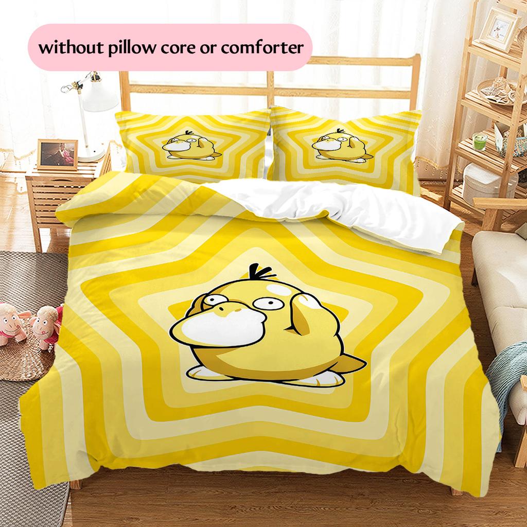 Psyduck Pattern Bedding Quilt Set Home Decoration Gift (1 * duvet cover + 2 * pillowcase without core).xwn