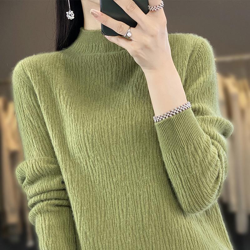 Women's 100% Pure Wool Half-High Collar Sweater - Loose Fit, Solid Color, Versatile Knitwear for Fall/Winter 2024.