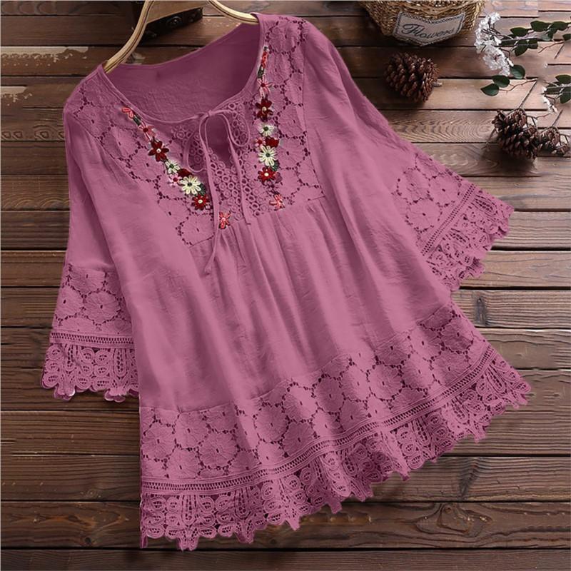 Sommerbluse Damen V-Ausschnitt Spitze Hemd Bluse Elegante Damenmode Lässig Dame Locker Leinenhemden