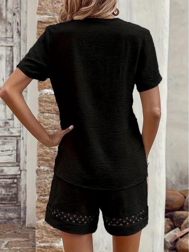 Spring/Summer 2025 Women's V-neck Patchwork Solid Color Shorts Set