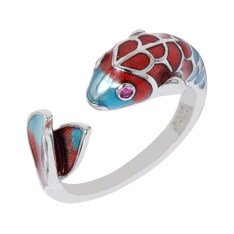 [Enter brocade] Retro medium enamel open silver ring men's and women's cloisonne simple temperament antique index finger ring