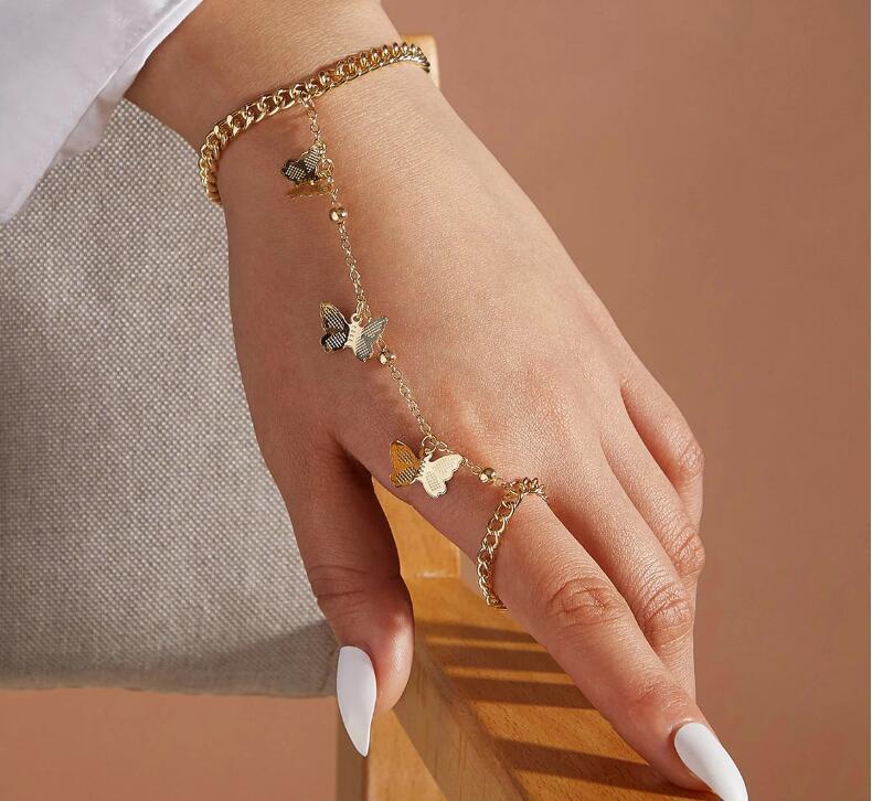 Women's Butterfly Pendant Chain Bracelet-Ring Jewelry