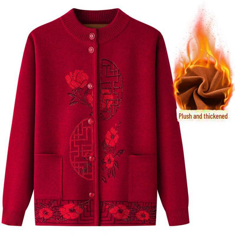Warm Knitted Cardigan for Middle-aged and Elderly Women - Plus Velvet Winter Sweater Coat