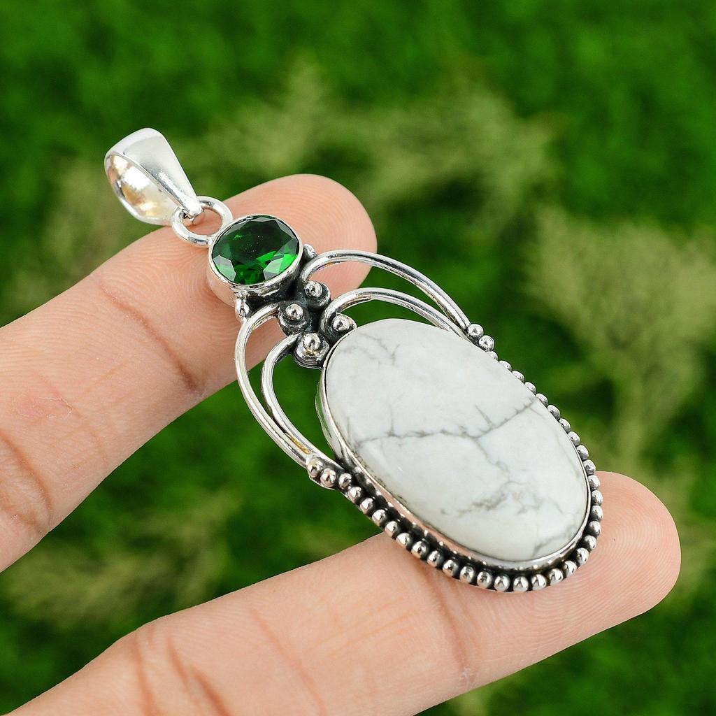 925 Sterling Silver Natural Howlite Chrome Diopside Unique Bezel Pendant Jewelry