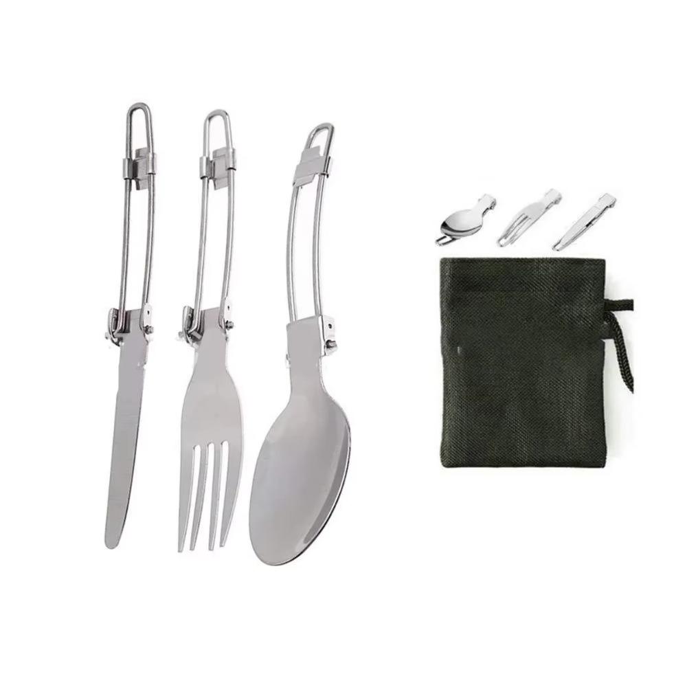 3 Teile in 1 Set Edelstahl Messer Gabel Löffel Set Faltbares Camping Tragbares Besteckset für den Außenbereich Camping Zubehör