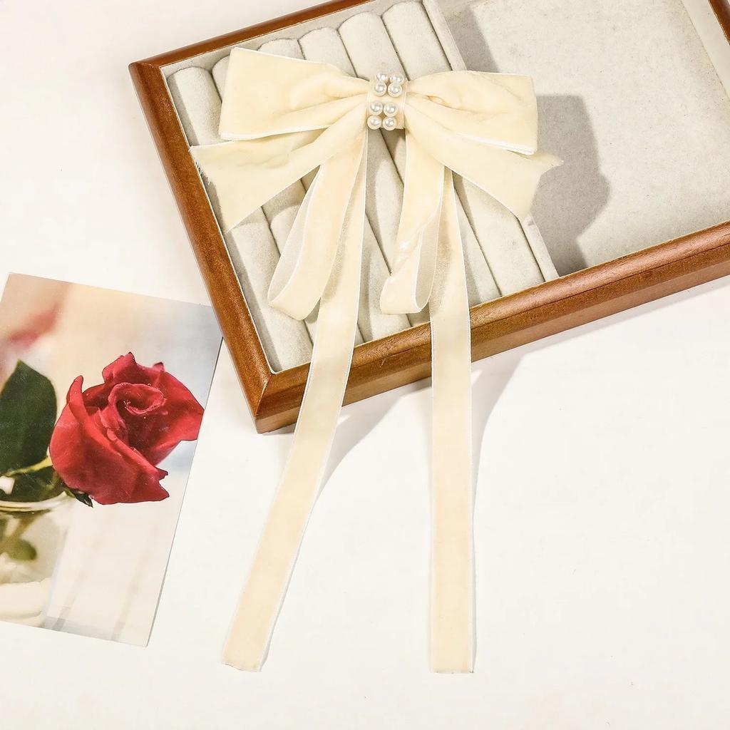Velvet Ribbon with Pearl Korean Hair Clips for Women Elegant Long Tassel Large Bows Girls Hairpin Accessories Autumn Winter New